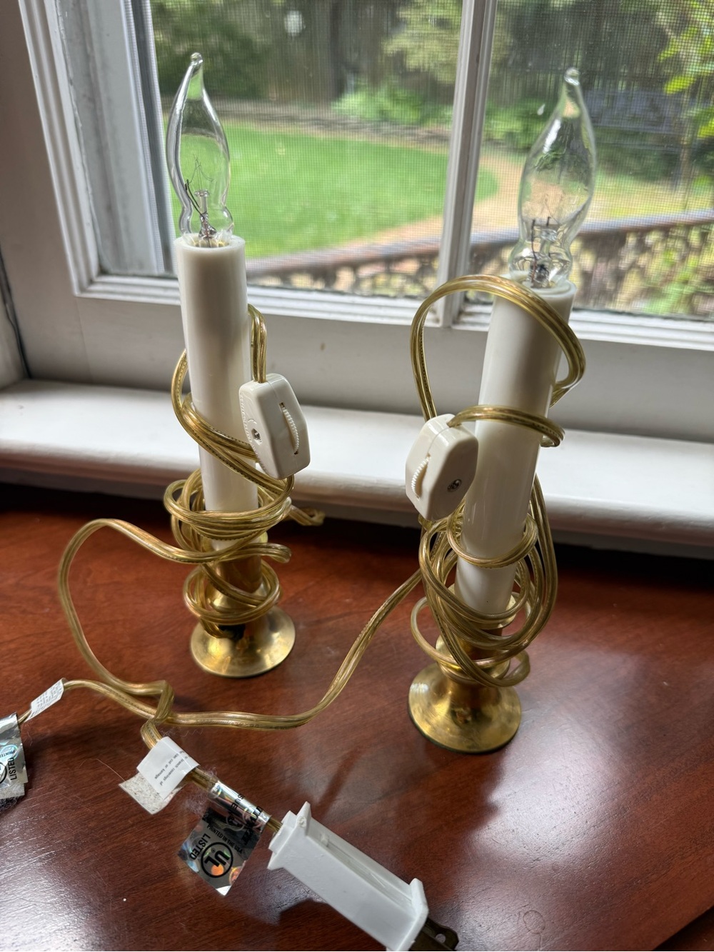 Goldtone Candle Lamp Pair with White Faux Candles